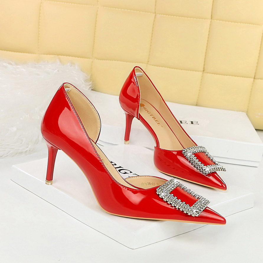 High heels patent leather shallow square metal rhinestone buckle shoes 15 01