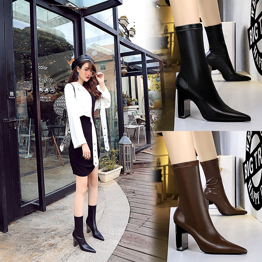 Metal block heel high heel pointed toe slim ankle boots 55 01
