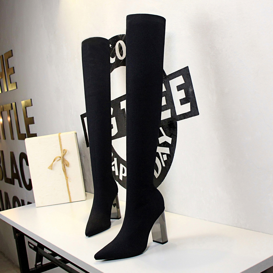 Simple metal thick heel high heel slim wool over the knee boots 57