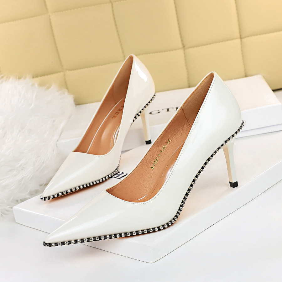 Stiletto high heel patent leather pumps with metal beads and rivets 12 02