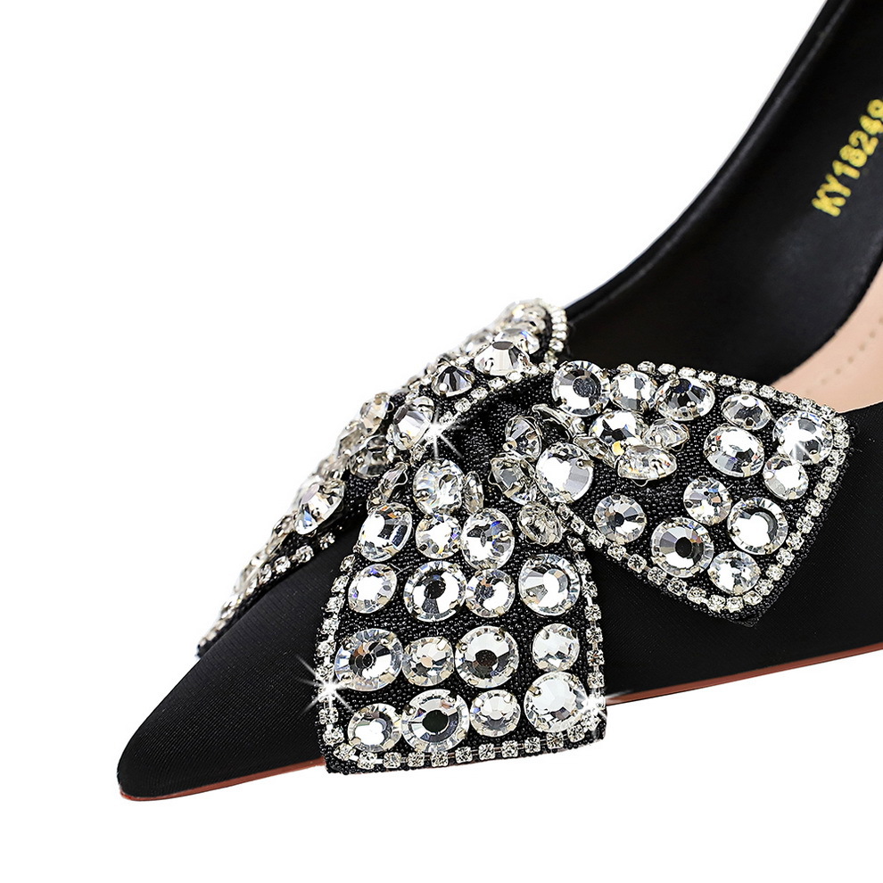 Women's high heel satin rhinestone bow shoes 28 02