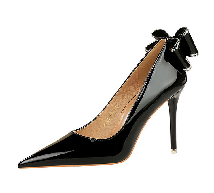 Women's patent leather high heel shoes with bow at the back 24