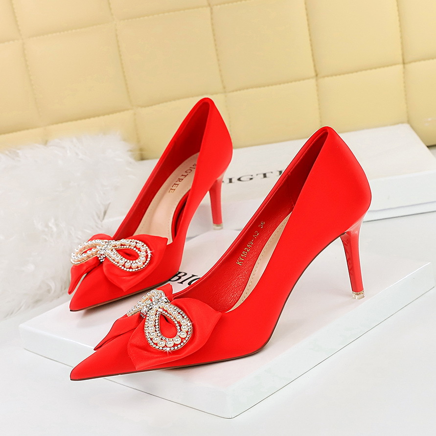 Women's satin rhinestone pearl bow shoes 27